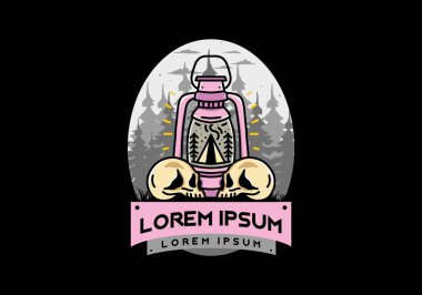 Illustration design of a outdoor lantern with triangle camping tent and two skull