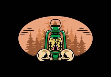 Illustration design of a outdoor lantern with triangle camping tent and two skull