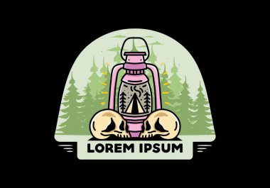 Illustration design of a outdoor lantern with triangle camping tent and two skull