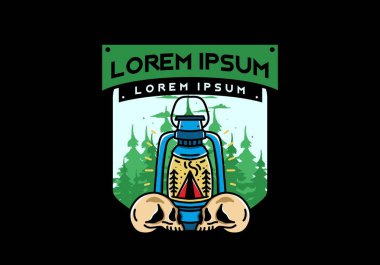 Illustration design of a outdoor lantern with triangle camping tent and two skull