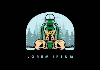 Illustration design of a outdoor lantern with triangle camping tent and two skull