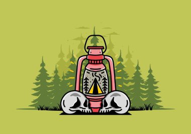 Illustration design of a outdoor lantern with triangle camping tent and two skull