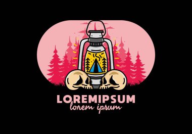 Illustration design of a outdoor lantern with triangle camping tent and two skull
