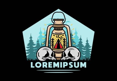 Illustration design of a outdoor lantern with triangle camping tent and two skull