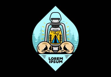 Illustration design of a outdoor lantern with triangle camping tent and two skull