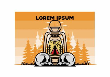Illustration design of a outdoor lantern with triangle camping tent and two skull