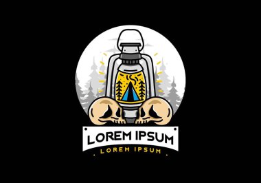 Illustration design of a outdoor lantern with triangle camping tent and two skull