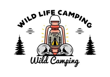 Illustration design of a outdoor lantern with triangle camping tent and two skull