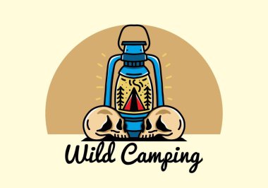 Illustration design of a outdoor lantern with triangle camping tent and two skull