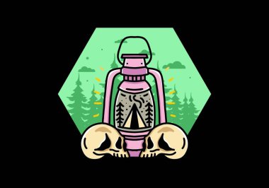 Illustration design of a outdoor lantern with triangle camping tent and two skull