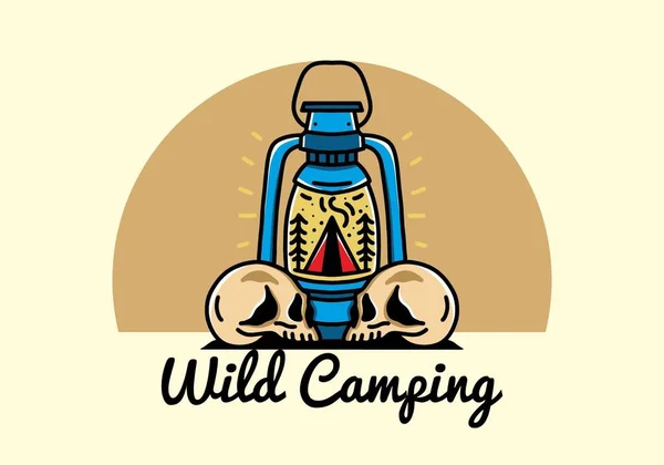 Illustration Design Outdoor Lantern Triangle Camping Tent Two Skull — стоковый вектор