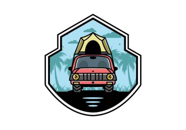 Illustration badge design of camping on the roof of car