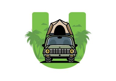 Illustration badge design of camping on the roof of car