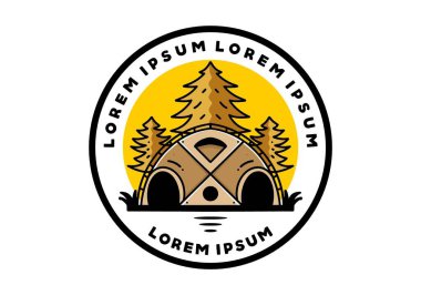 Illustration badge design of a Big family tent and pine trees