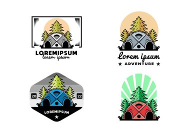 Illustration badge design of a Big family tent and pine trees