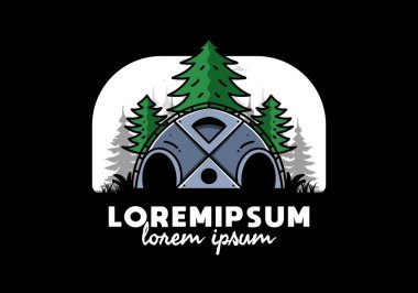 Illustration badge design of a Big family tent and pine trees