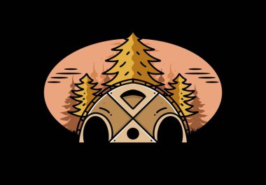 Illustration badge design of a Big family tent and pine trees