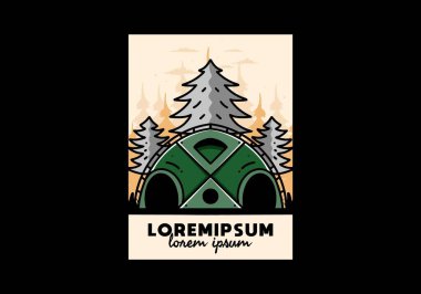 Illustration badge design of a Big family tent and pine trees