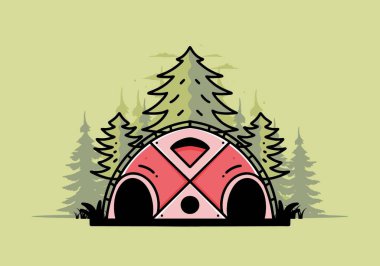 Illustration badge design of a Big family tent and pine trees
