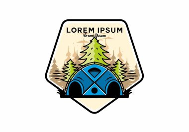 Illustration badge design of a Big family tent and pine trees