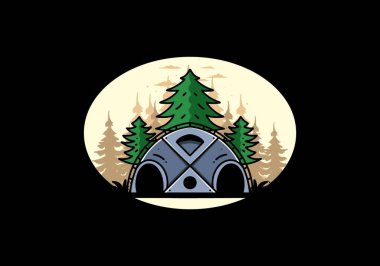 Illustration badge design of a Big family tent and pine trees
