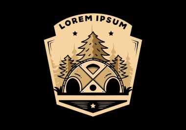 Illustration badge design of a Big family tent and pine trees