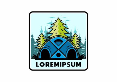 Illustration badge design of a Big family tent and pine trees