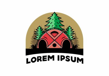 Illustration badge design of a Big family tent and pine trees