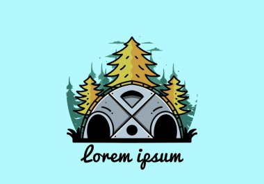 Illustration badge design of a Big family tent and pine trees