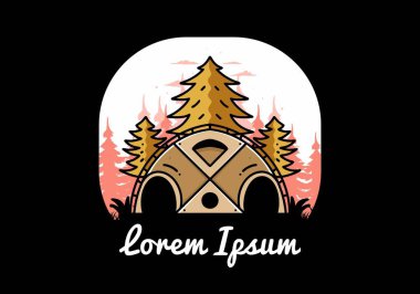 Illustration badge design of a Big family tent and pine trees