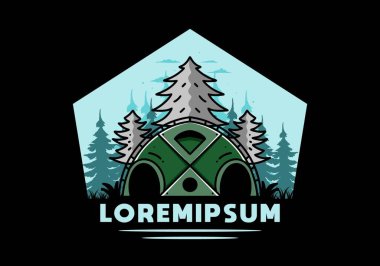 Illustration badge design of a Big family tent and pine trees