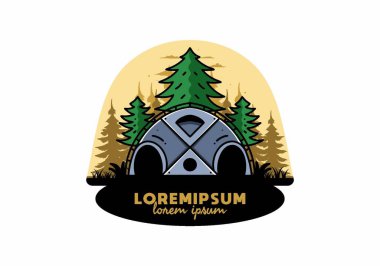 Illustration badge design of a Big family tent and pine trees