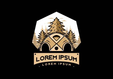 Illustration badge design of a Big family tent and pine trees
