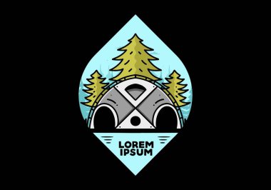 Illustration badge design of a Big family tent and pine trees