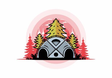 Illustration badge design of a Big family tent and pine trees