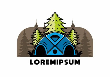 Illustration badge design of a Big family tent and pine trees