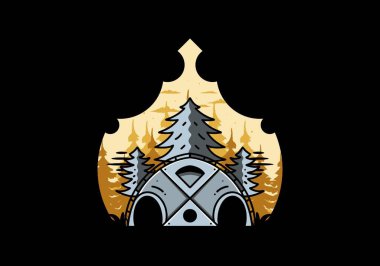Illustration badge design of a Big family tent and pine trees