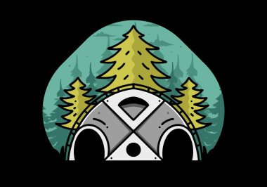 Illustration badge design of a Big family tent and pine trees