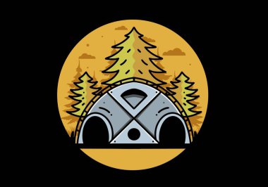 Illustration badge design of a Big family tent and pine trees