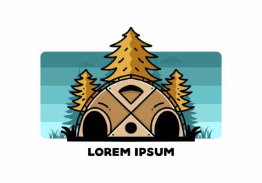 Illustration badge design of a Big family tent and pine trees