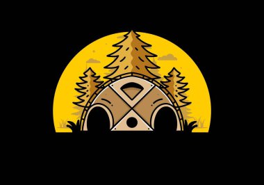 Illustration badge design of a Big family tent and pine trees