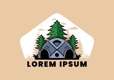 Illustration badge design of a Big family tent and pine trees