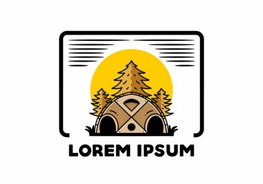 Illustration badge design of a Big family tent and pine trees