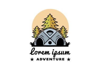 Illustration badge design of a Big family tent and pine trees
