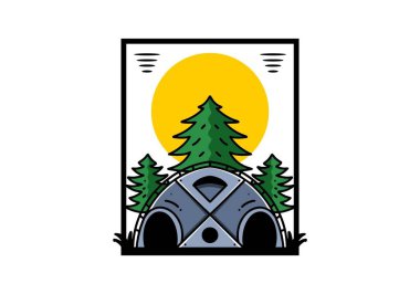 Illustration badge design of a Big family tent and pine trees