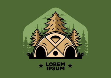 Illustration badge design of a Big family tent and pine trees