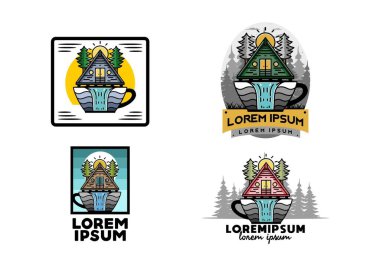 Illustration badge design of a Wood cabin and pine trees on the coffee cup shape with waterfall