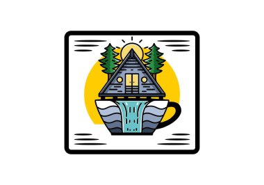 Illustration badge design of a Wood cabin and pine trees on the coffee cup shape with waterfall