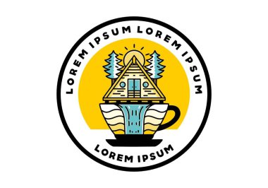 Illustration badge design of a Wood cabin and pine trees on the coffee cup shape with waterfall