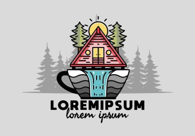 Illustration badge design of a Wood cabin and pine trees on the coffee cup shape with waterfall